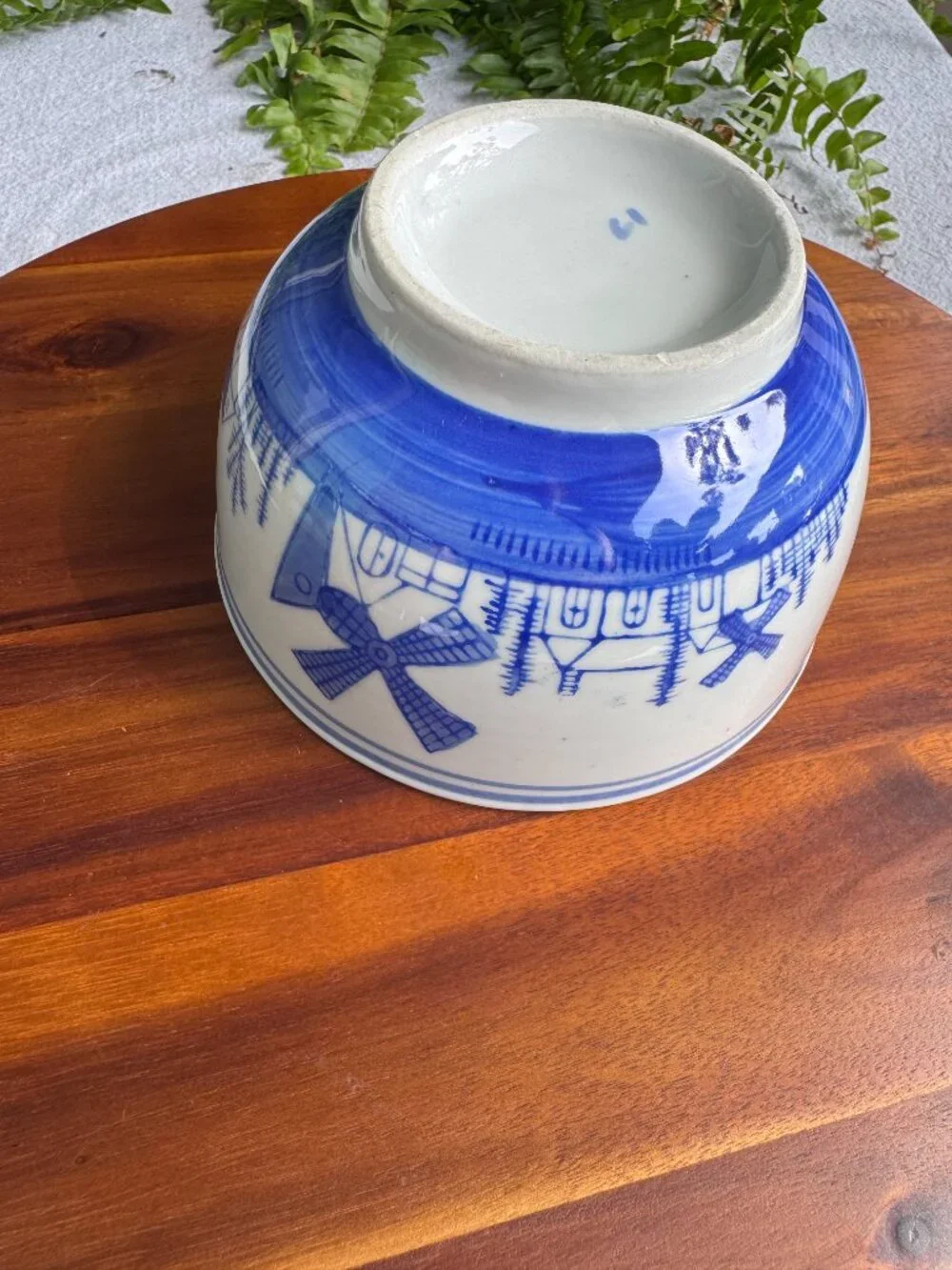 Vintage Delft Blue and White Windmill and Ship Ceramic Bowl